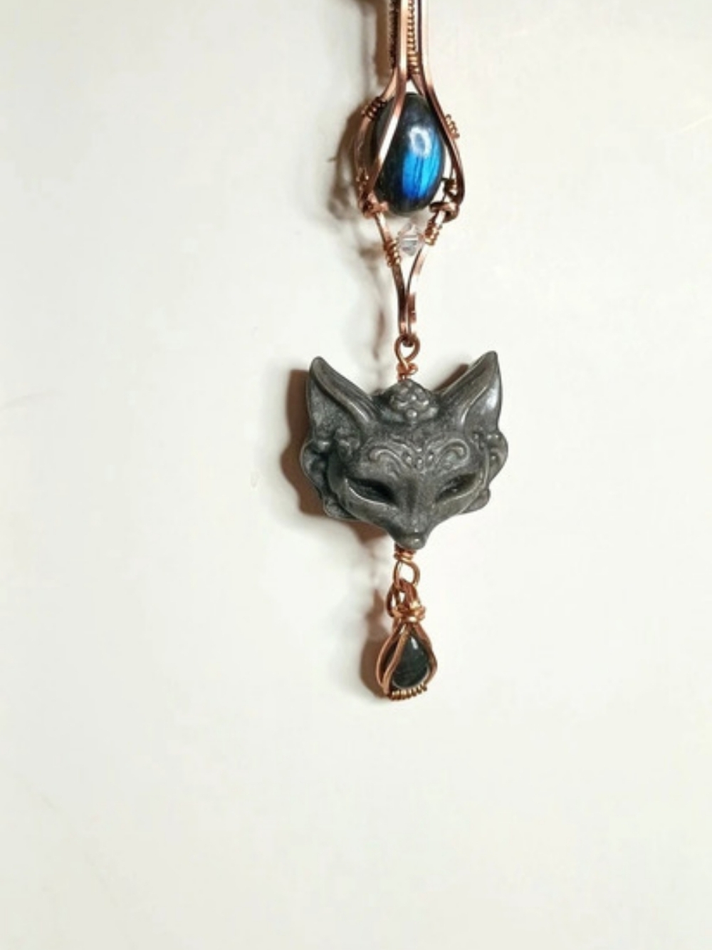 Silver Obsidian Carved Fox Accented By 2 Blue Labrodite Cabochon Pendant.
